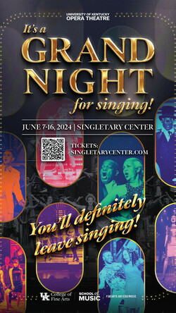 Graphic for 2024 Grand Night with images of singers onstage at the Singletary Center during final bows of Grand Night.