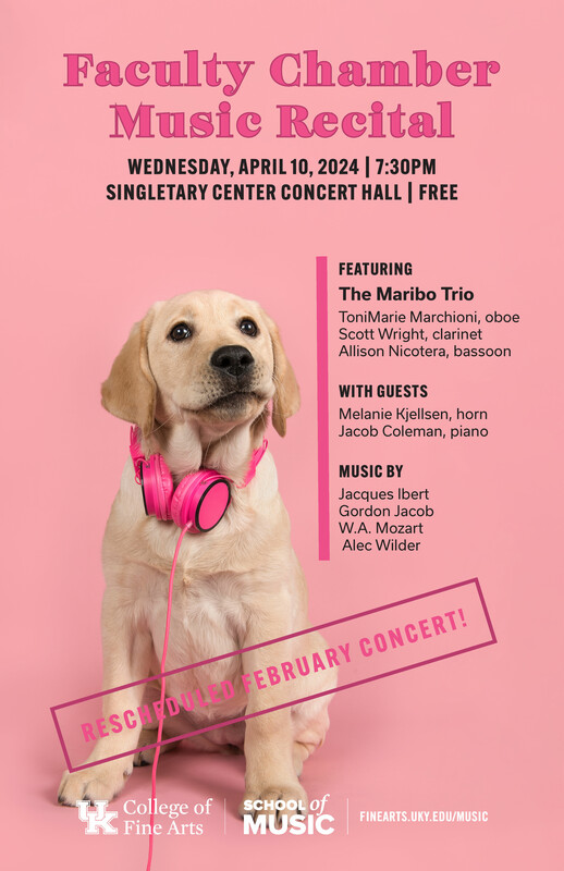 A dog with headphones around its neck, against a pink backdrop with event image text in black.