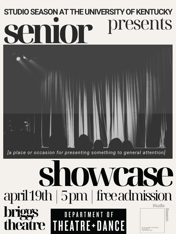 Studio Season Senior Showcase poster with an audience sitting in front of a stage and curtain.