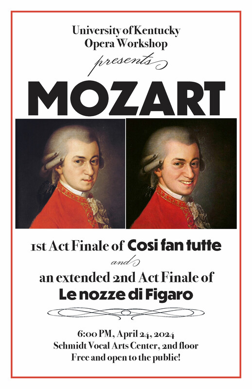 Images of Mozart wearing red suit and text reading UK Opera Workshop performance Wolfgang Amadeus Mozart's 1st Act Finale of Cosi fan tutte and an extended 2nd Act Finale of Le nozze di Figaro
