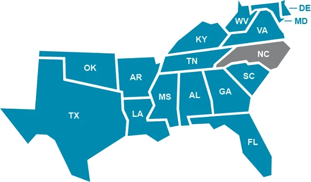 Simplified illustrated map of the states participating in the Academic Common Market.