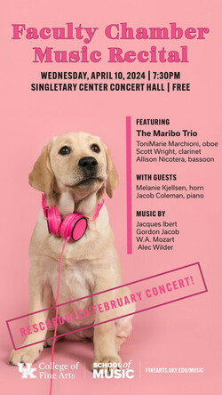 A dog with headphones around its neck, against a pink backdrop with event image text in black.