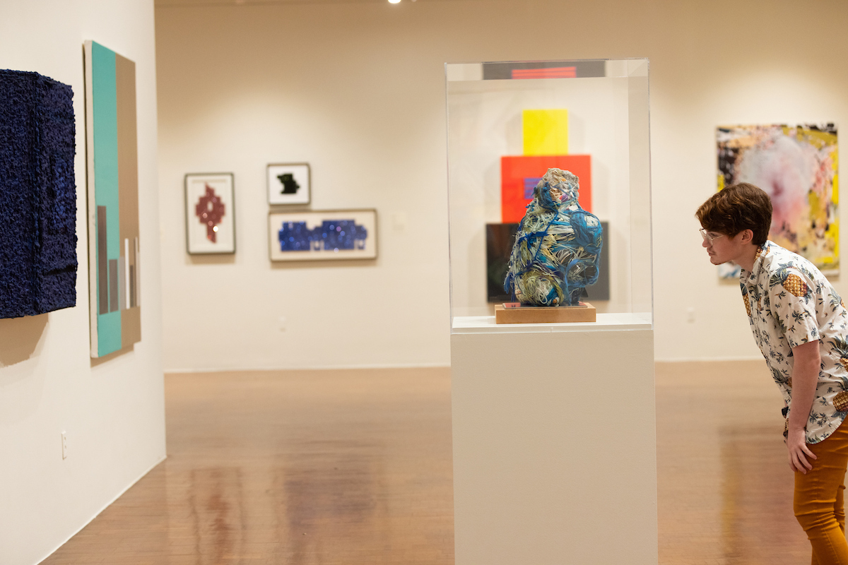 student looking at art in gallery