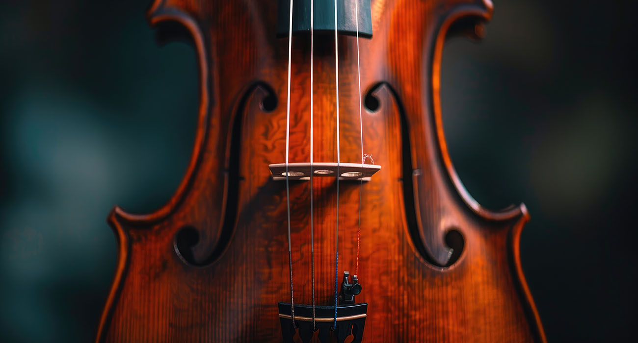 close-up of violin on dark background