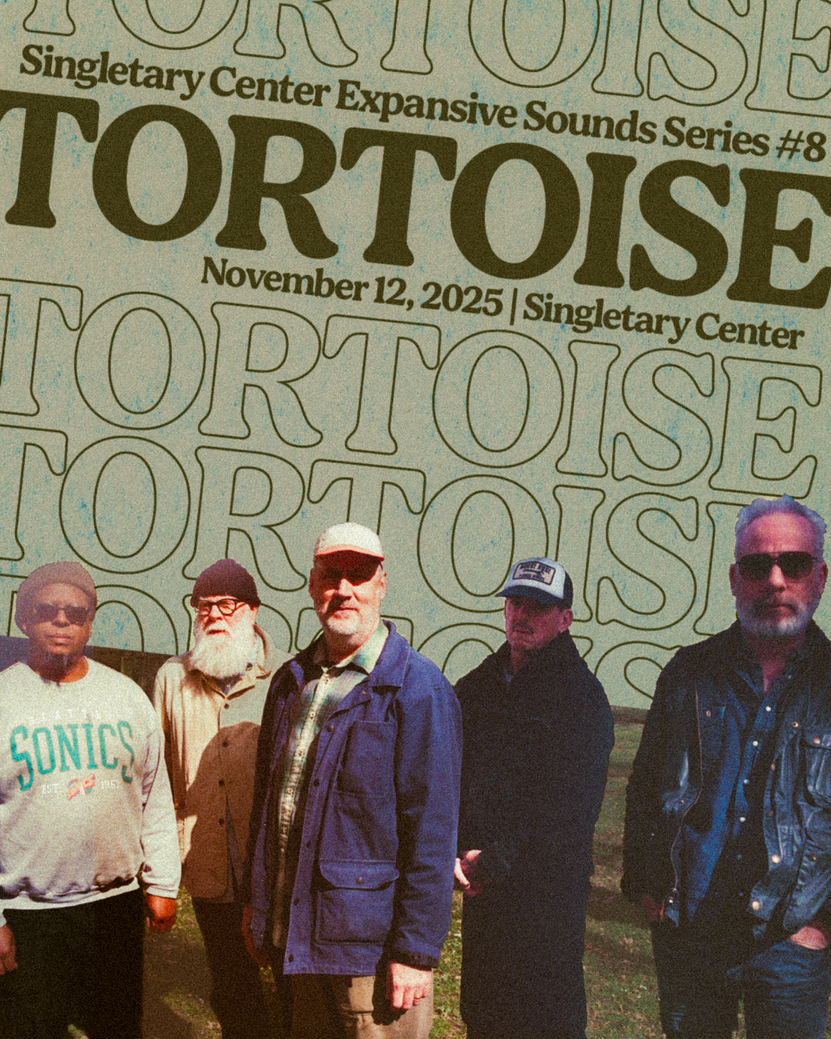 Five excellent musicians stand in front of the word Tortoise