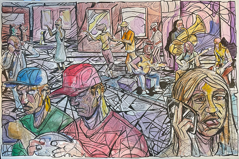 A colorful mixed pen, ink, and watercolor piece of a lively city street.