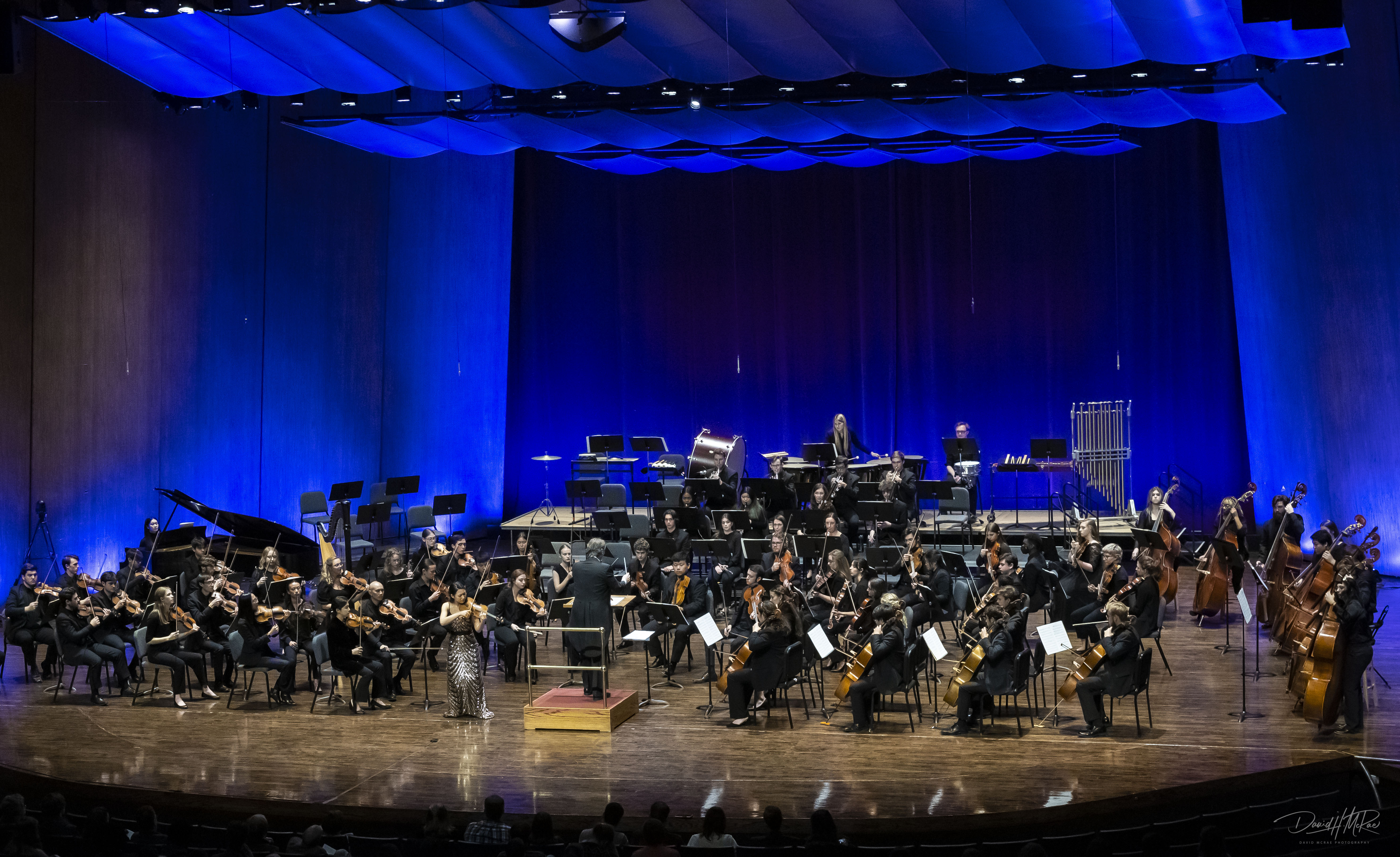 SYMPHONY ORCHESTRA ON STAGE IN BLUE LIGHTS