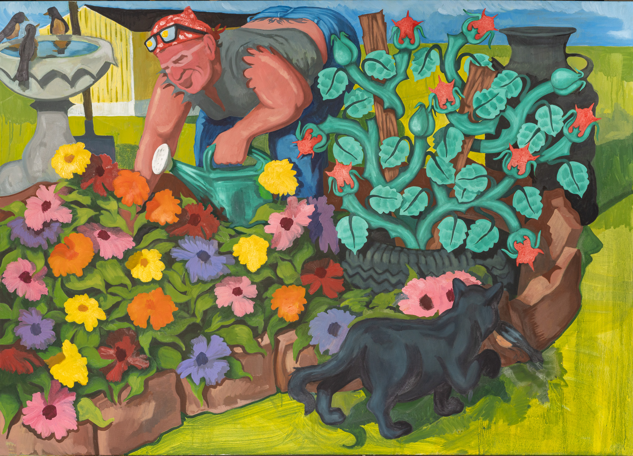painting of flowers with cat in foreground