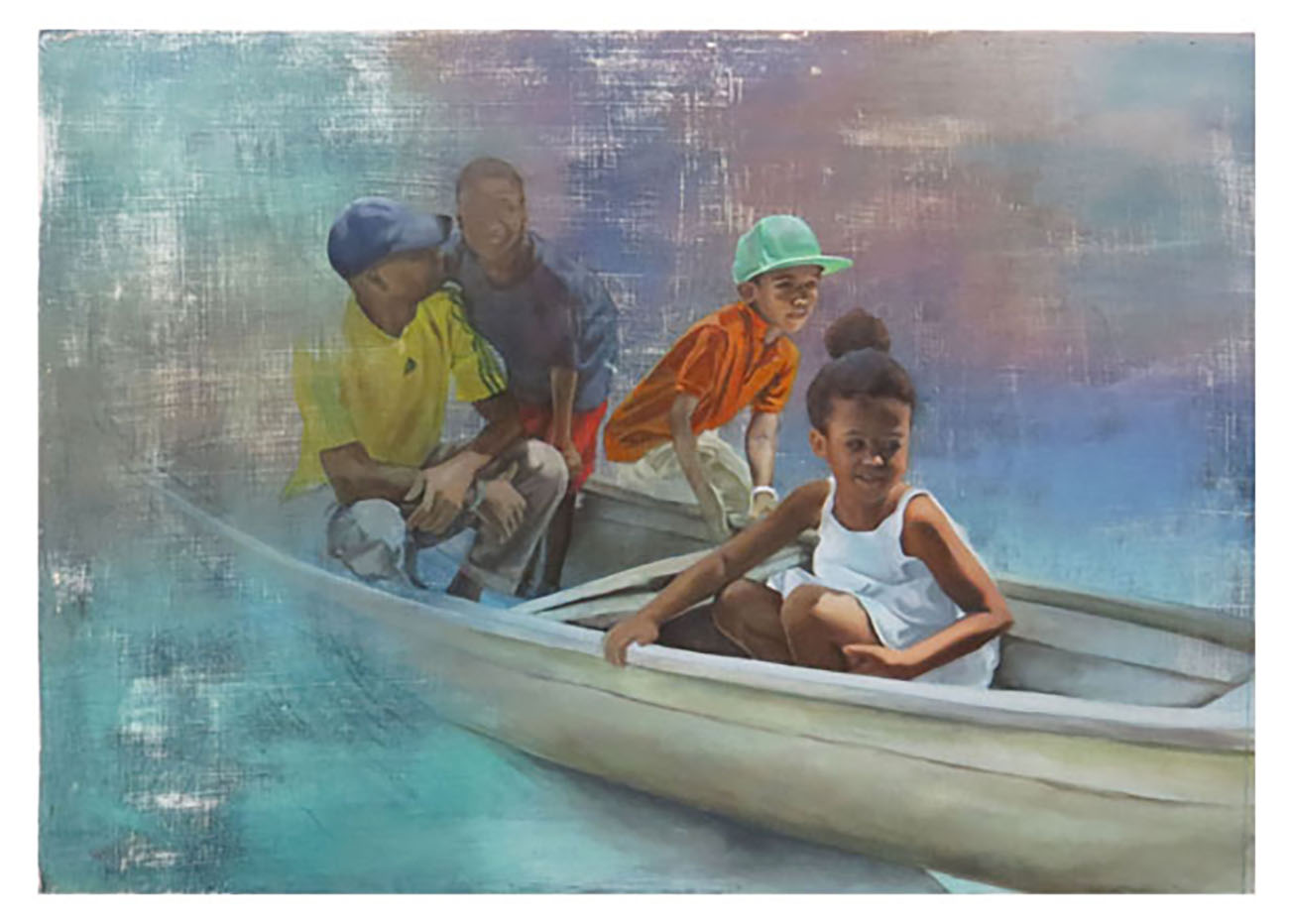 four people in a boat watercolor painting