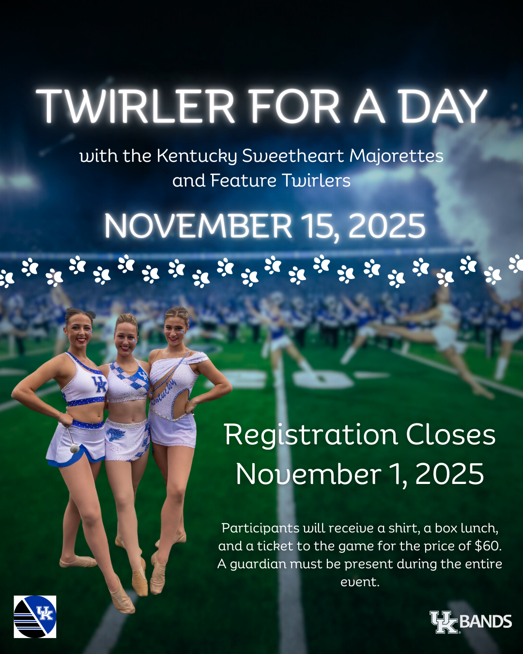Twirler for a Day promotional graphic. All details in the image are reproduced in text on the page.