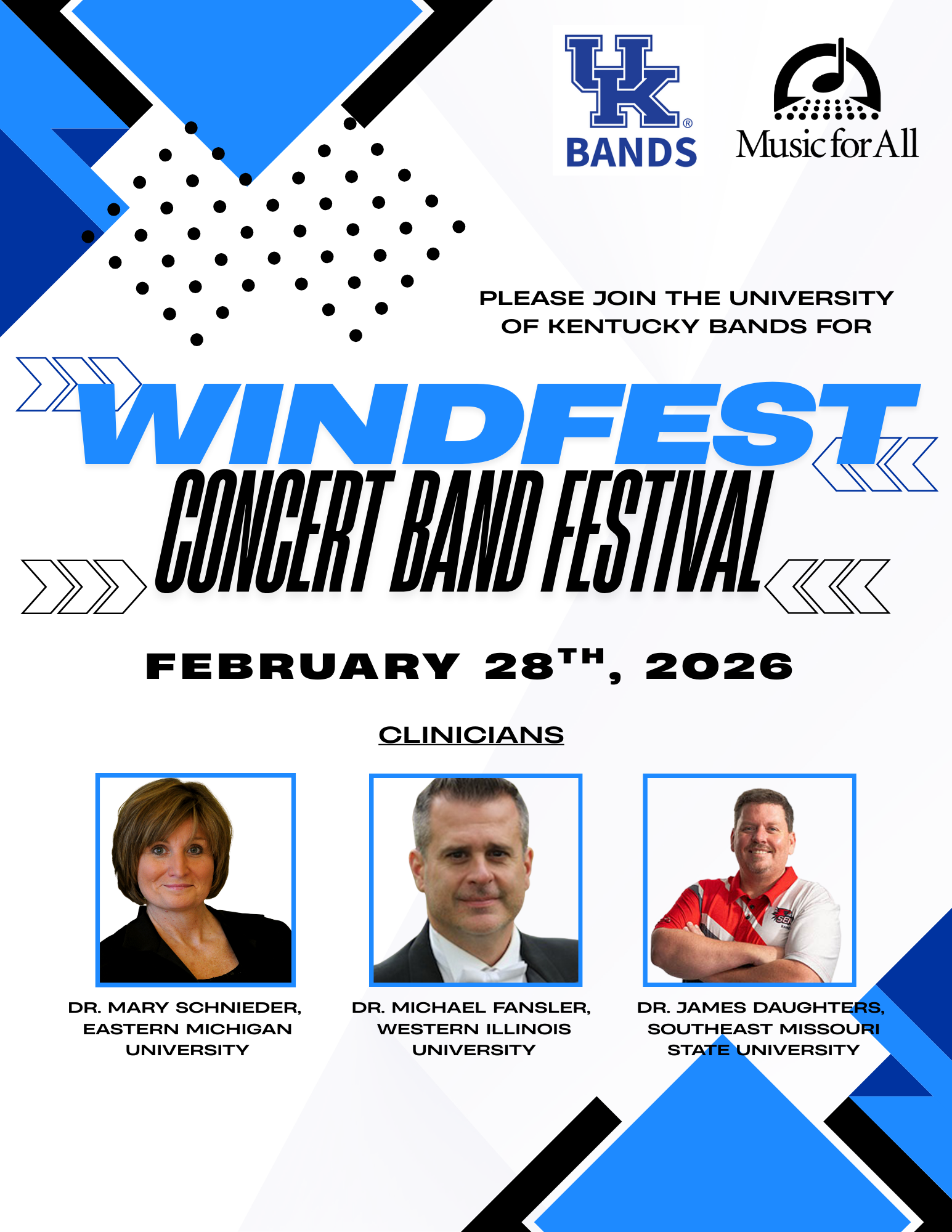 Poster with Windfest Concert Band Festival event information with three headshots of participants