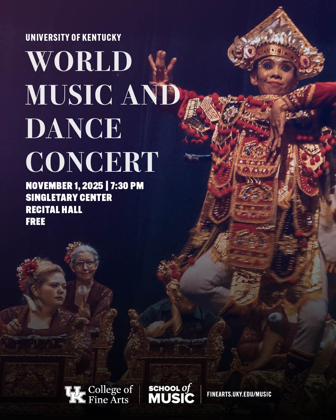 Poster for World Music and Dance Concert with image of Balinese gamelan dancer in traditional dress onstage against a dark backdrop with white event text language