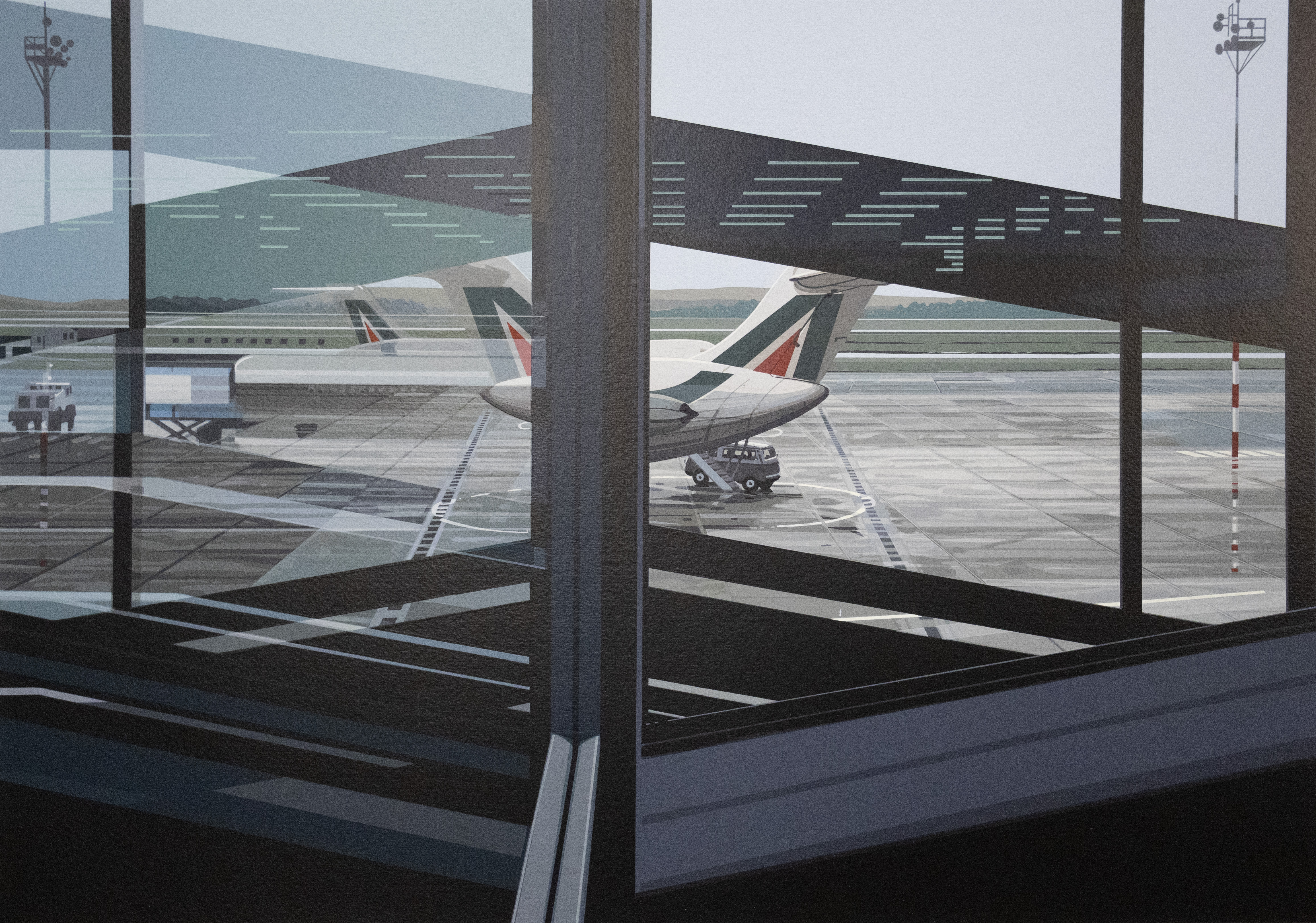Richard Estes, Flughafen (Airport) from the portfolio Urban Landscapes II, 1981, color screenprint on white wove paper. Collection of the UK Art Museum, purchase: Gaines Challenge Fund.    