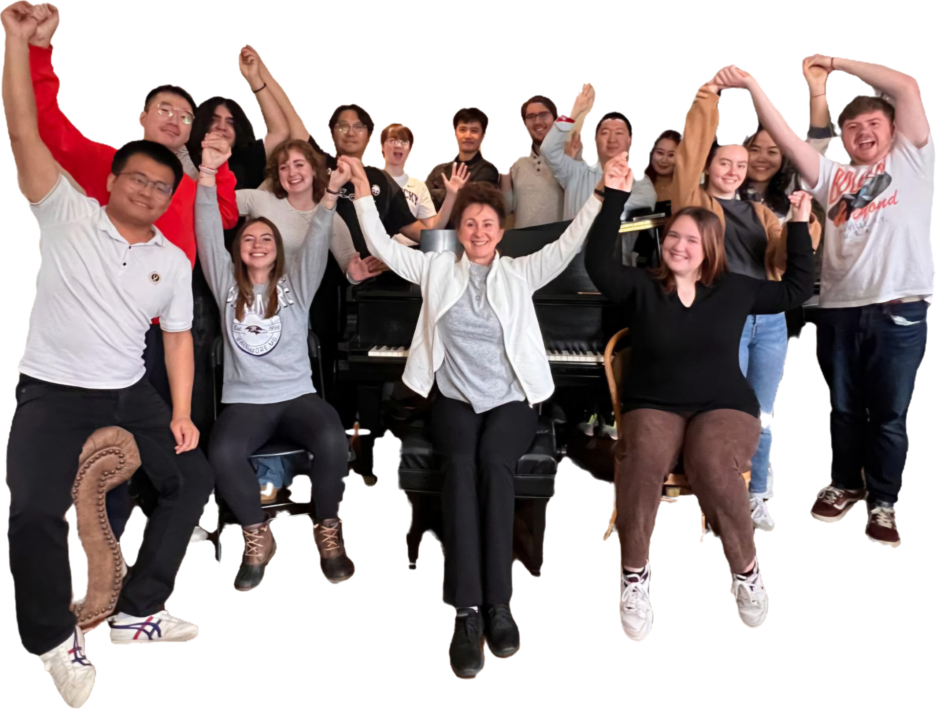 Irina Voro and students with arms raised