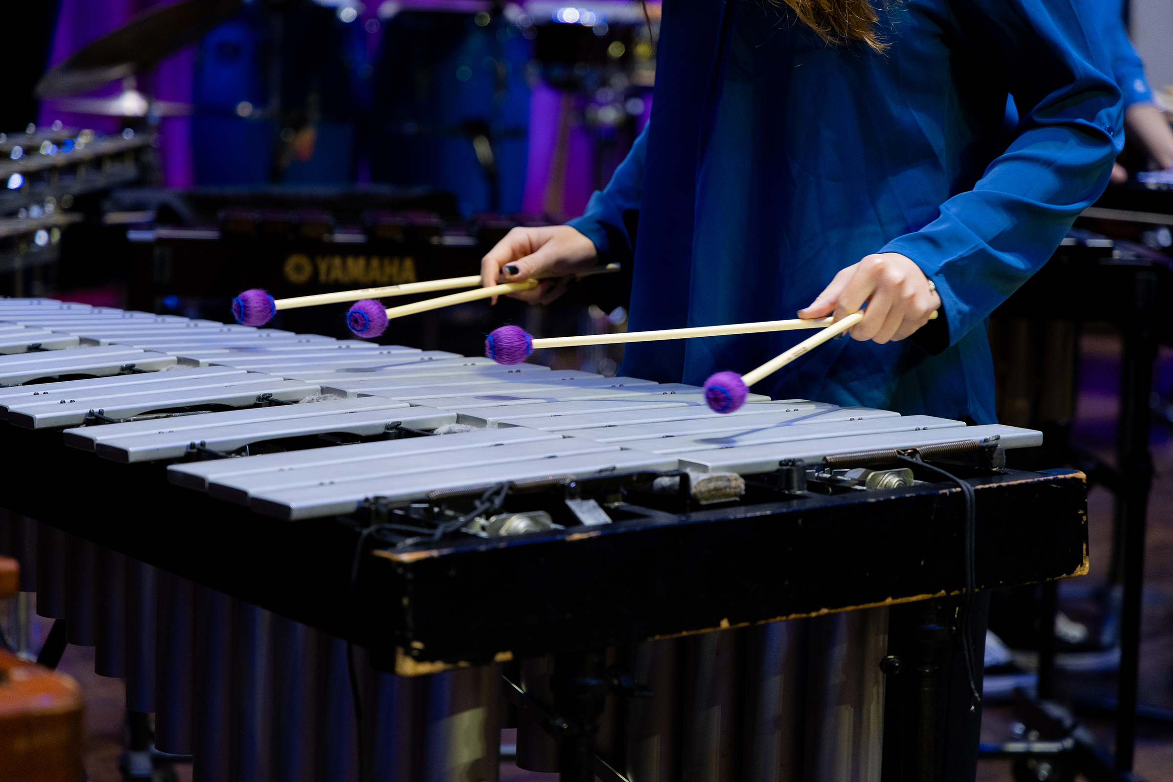 person playing xylophone with four purple mallets