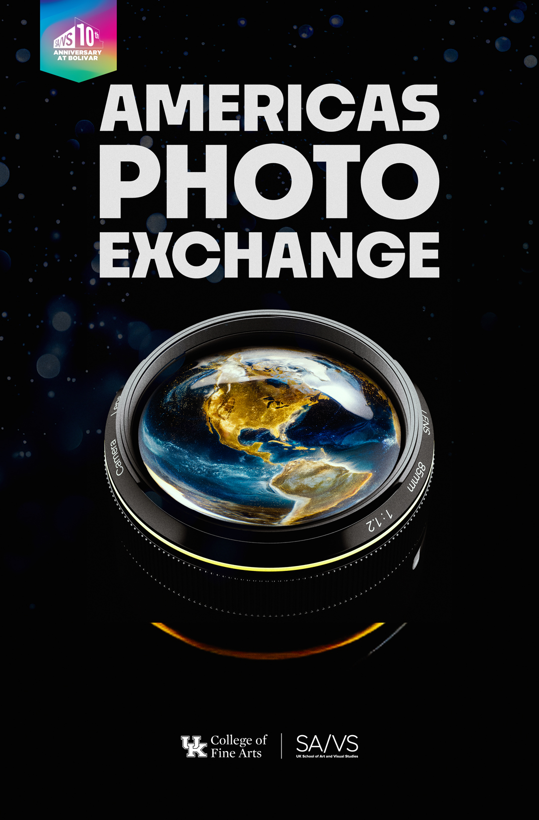 close up of a camera lense with a view of the Americas from space reflecting in the lense, white text that reads Americas Photo Exchange, against a black backdrop.