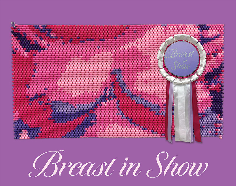 Promotional Graphic. A pointilist slightly abstract rendering of a woman's bare chest in saturated pink and purple is bordered in a lavender frame. A rendered award ribbon with a medallion "Breast in Show" is pinned to the right side of the art, and an elegant cursive caption "Breast in Show" rests beneath both art and award.