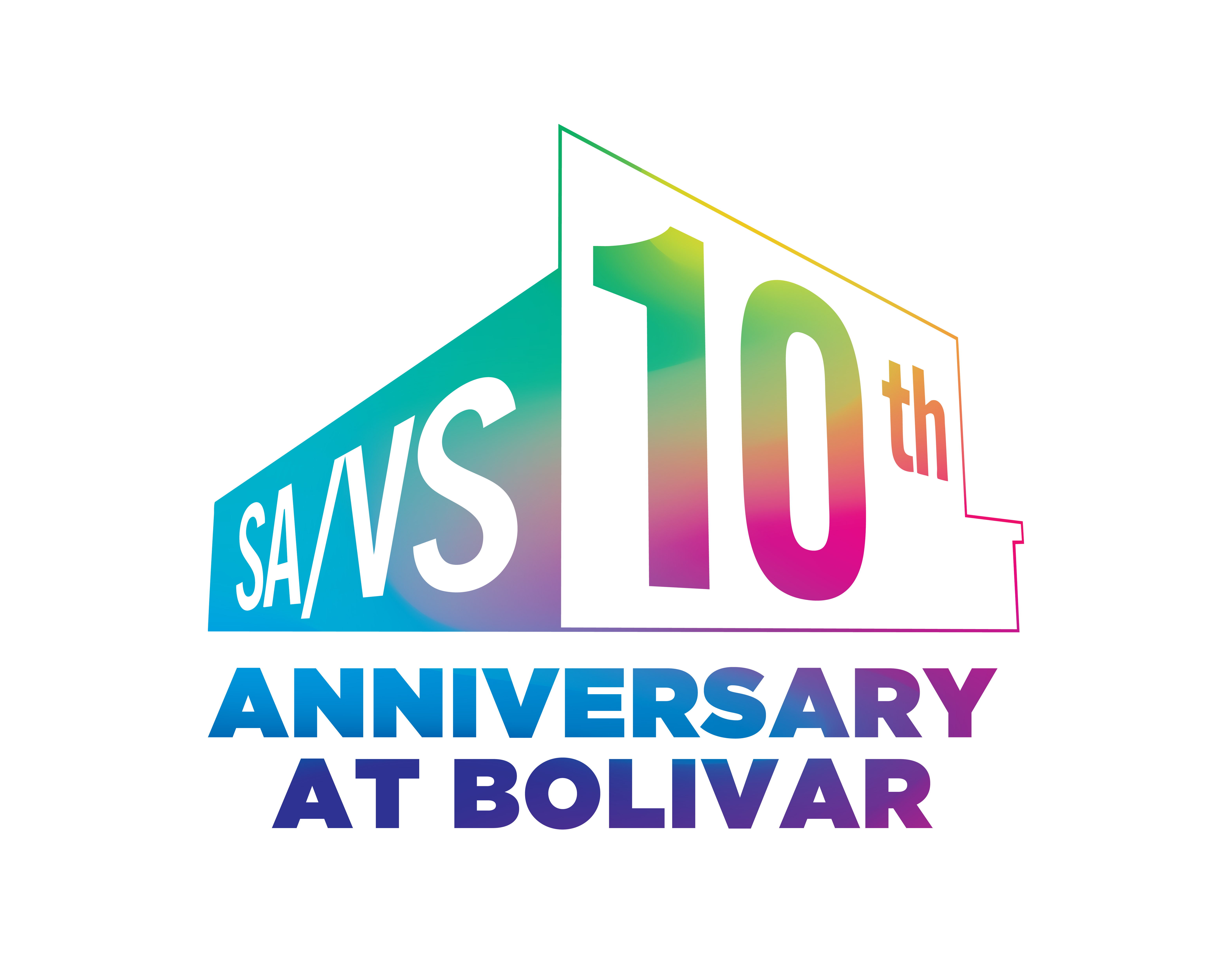 Rainbow gradient graphic in the silhouette of the School of Art and Visual Studies Building on Bolivar Street for the 10th anniversary.