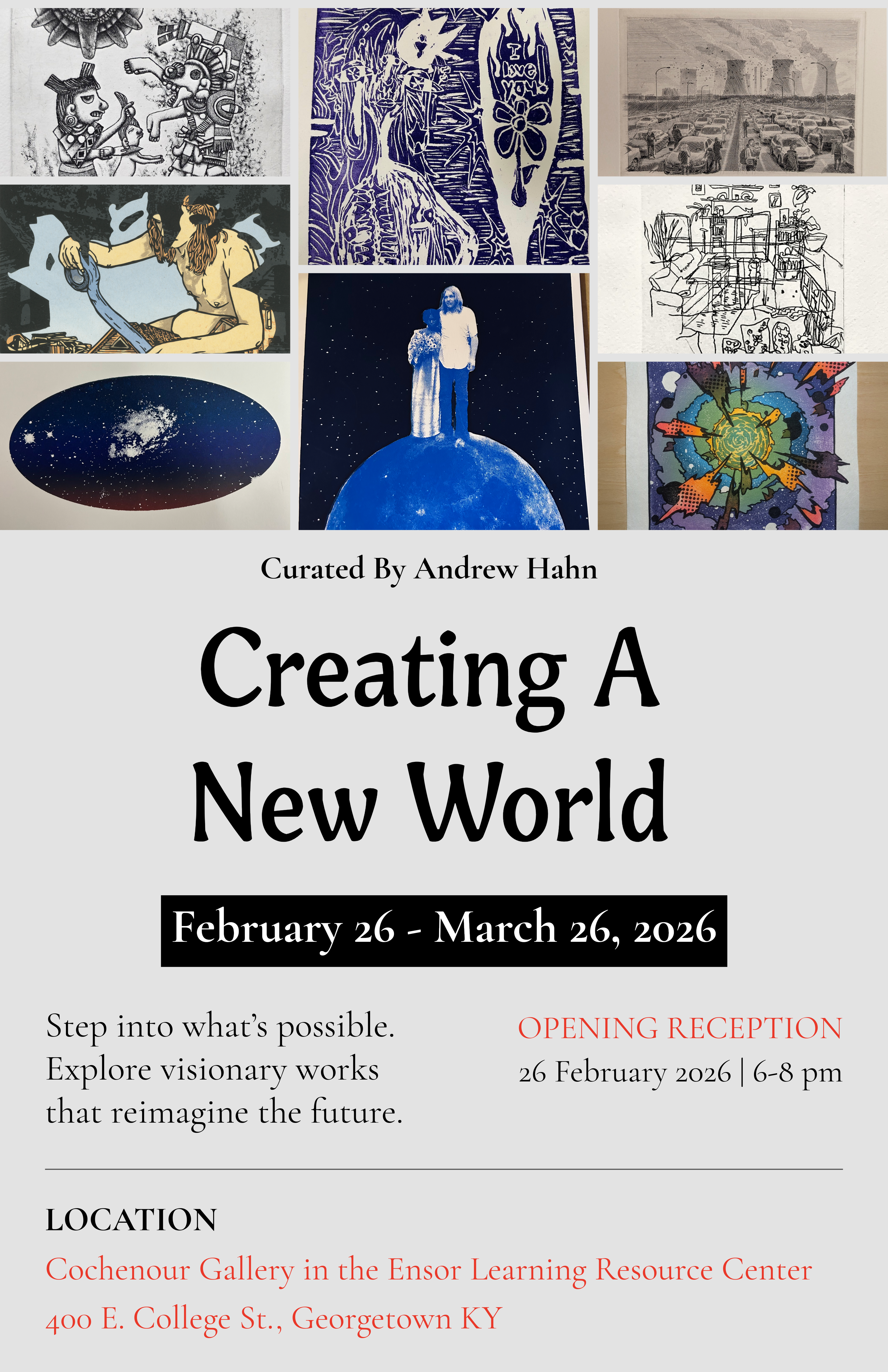 Promotional poster for Creating a New World. All details in the image are reproduced in text on the page.