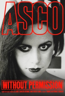 Black and white close up photo of woman with dark eye makeup and red movie title overlay
