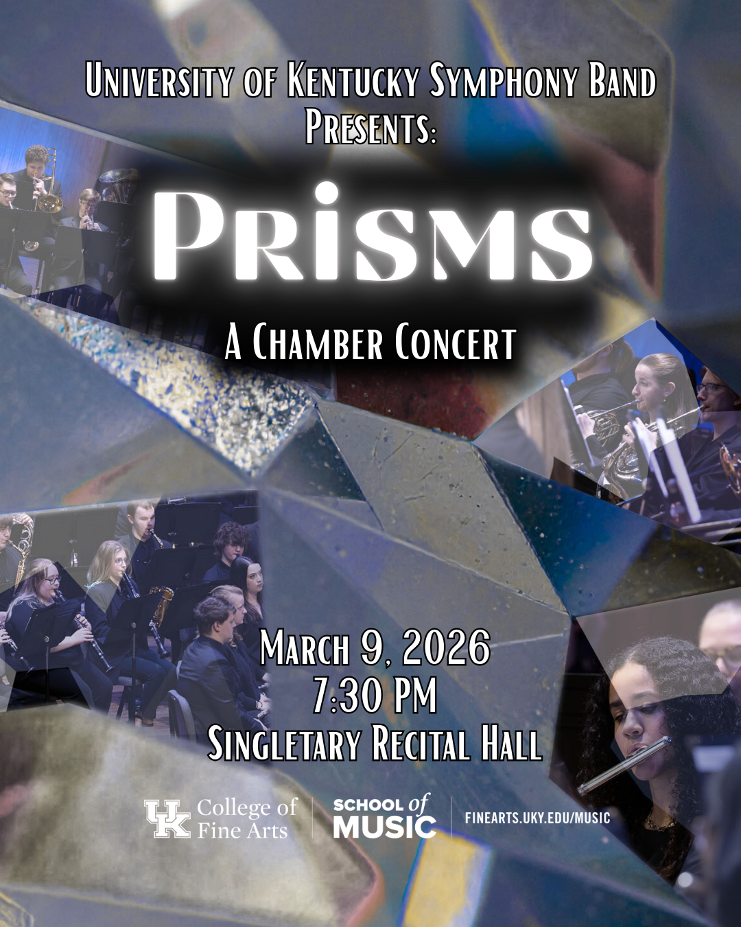 abstract design behind text University Symphony Band presents Prisms A Chamber Concert