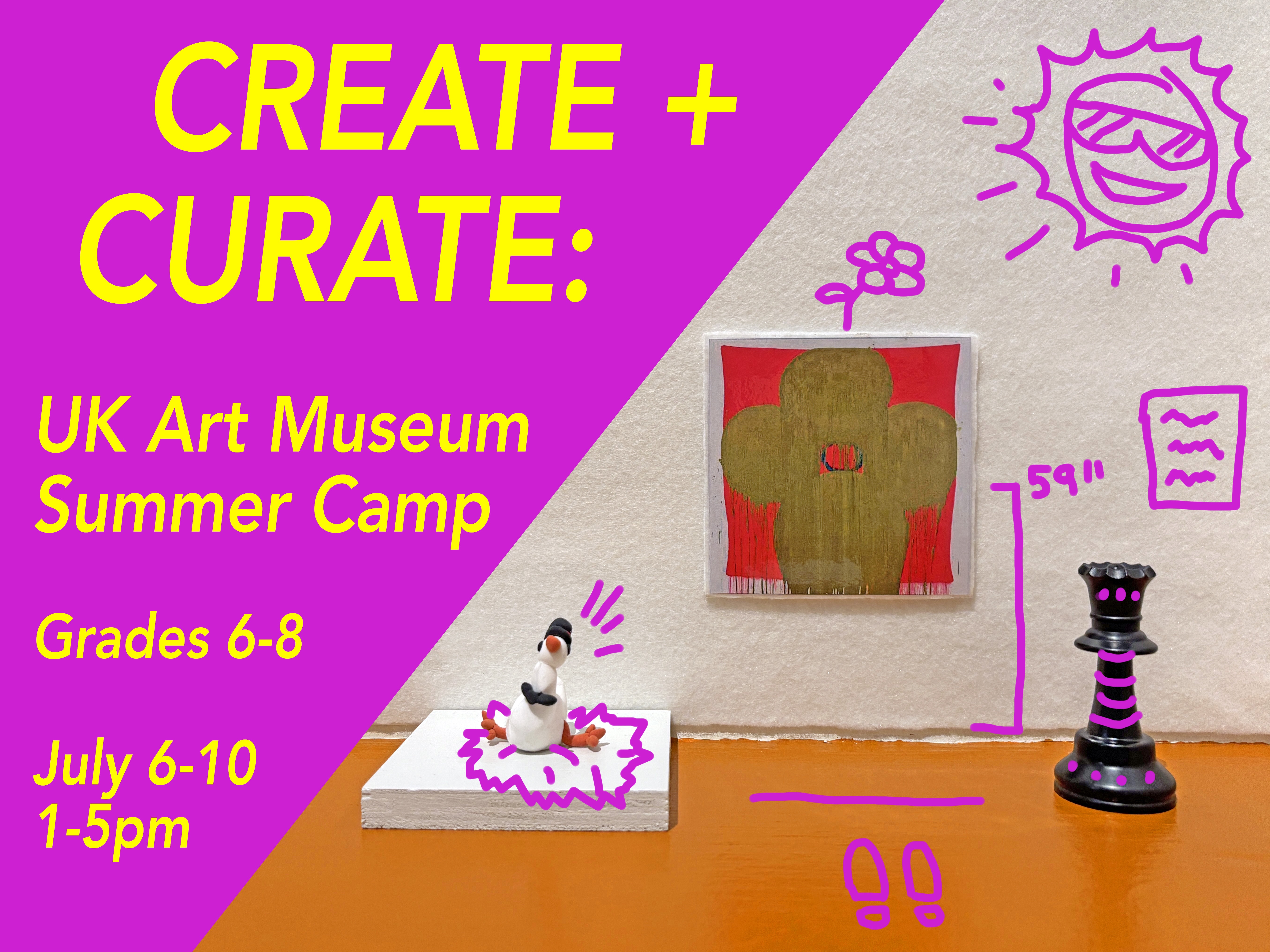 Create + Curate UK Art Museum Summer Camp text and details next to a photo of artwork and doodles in gallery space