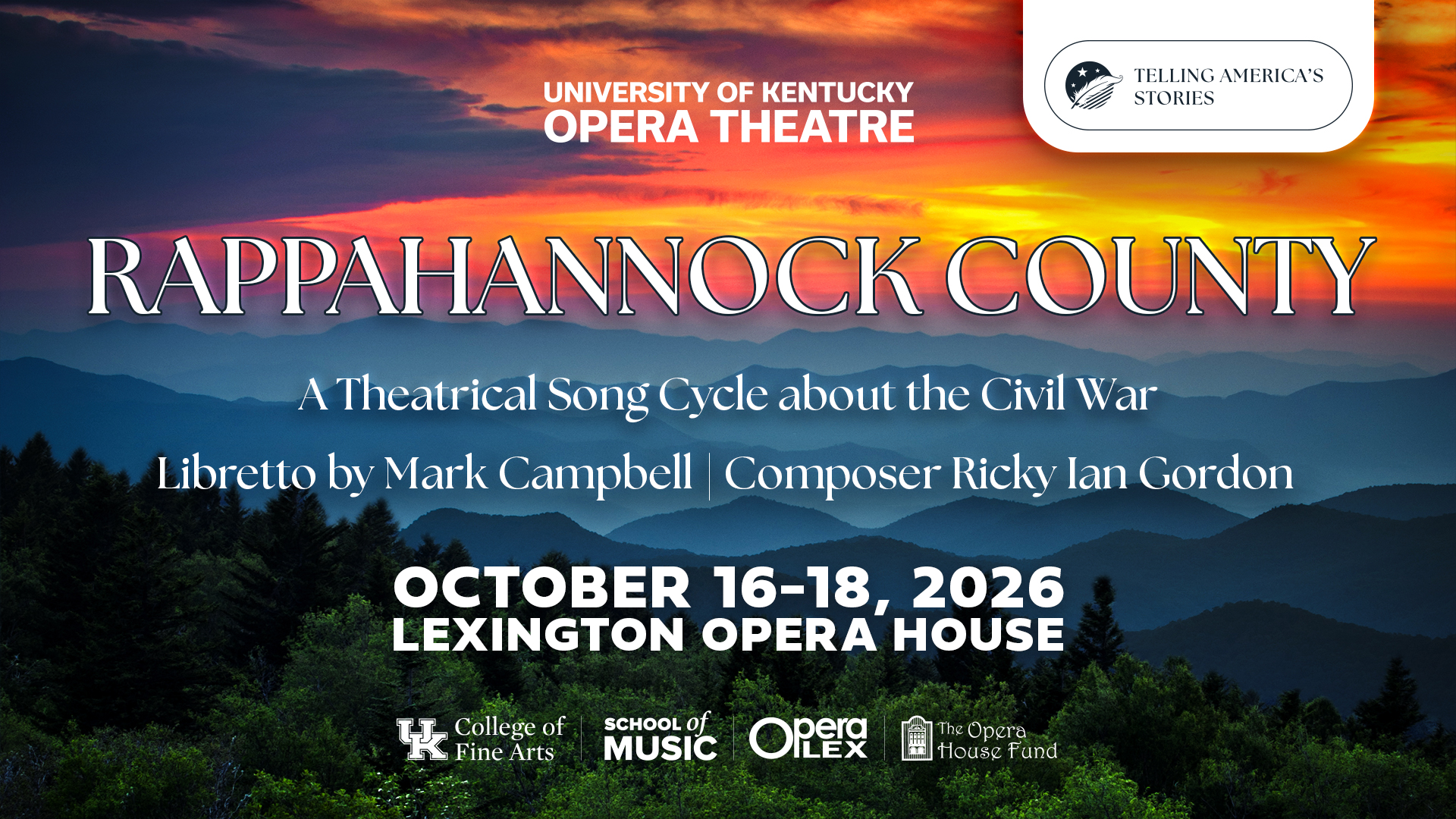 Graphic of Rappahannock County with white event text details against a sunset sky overlooking mountains