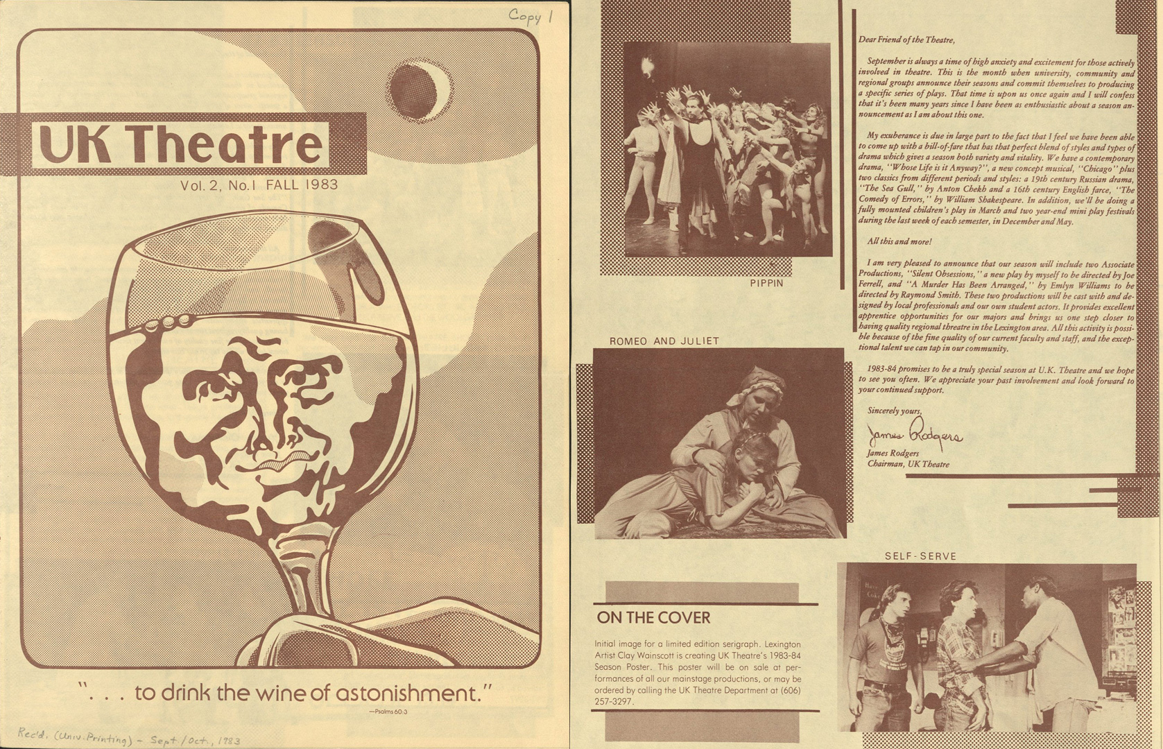 The cover and first page of a newsletter from the Department of Theatre in 1983. The cover shown on the left has a graphic illustration of a mostly full wine glass where the liquid has a simultaneously smug and amused expression. The illustration is credited to Lexington arts Clay Wainscott. The interior page shown on the right includes a letter from then department chair James Rodgers surrounded by photos from the season's productions.
