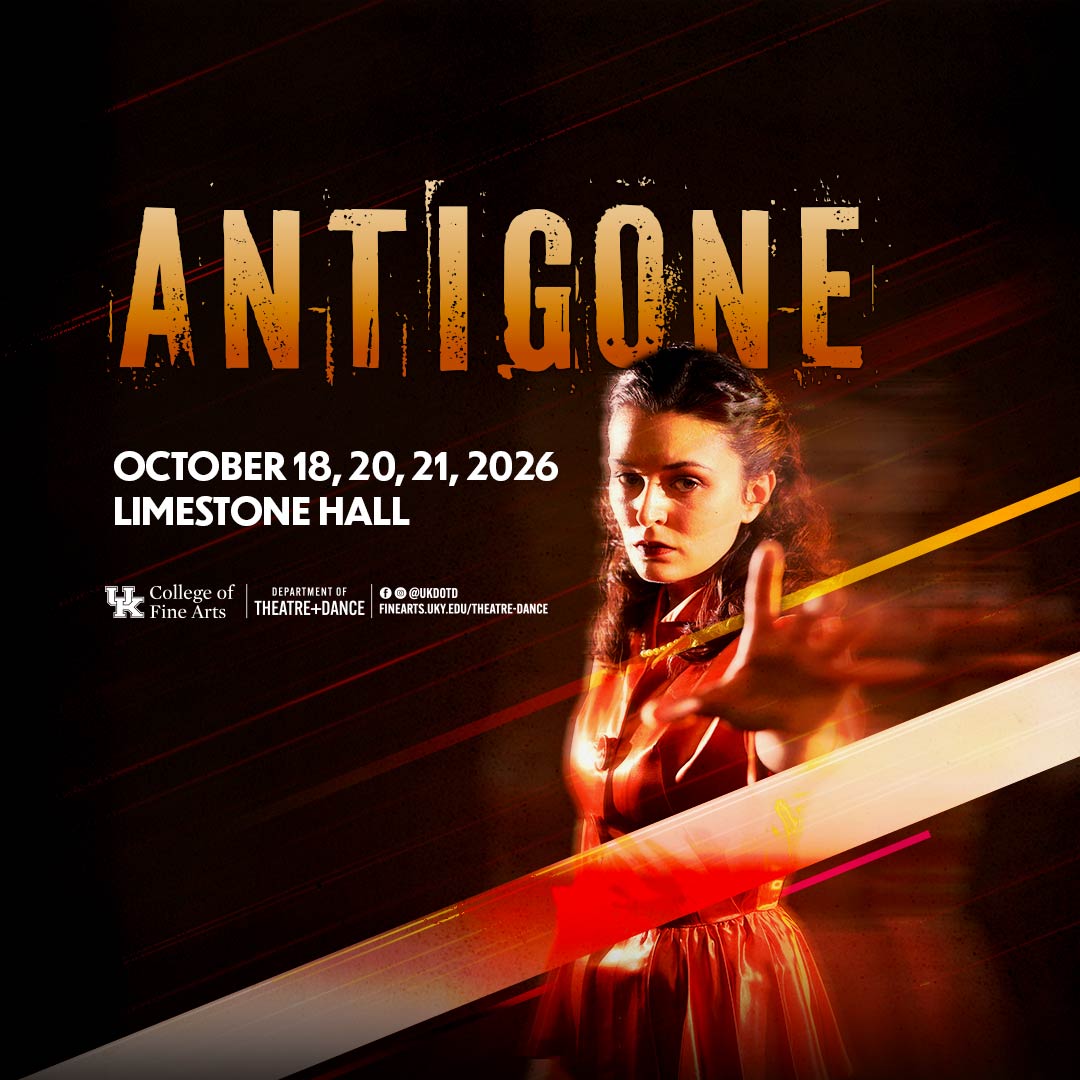Light skinned female facing the camera reaches out towards the viewer, wearing red, against a dark background with event text information in white and gold