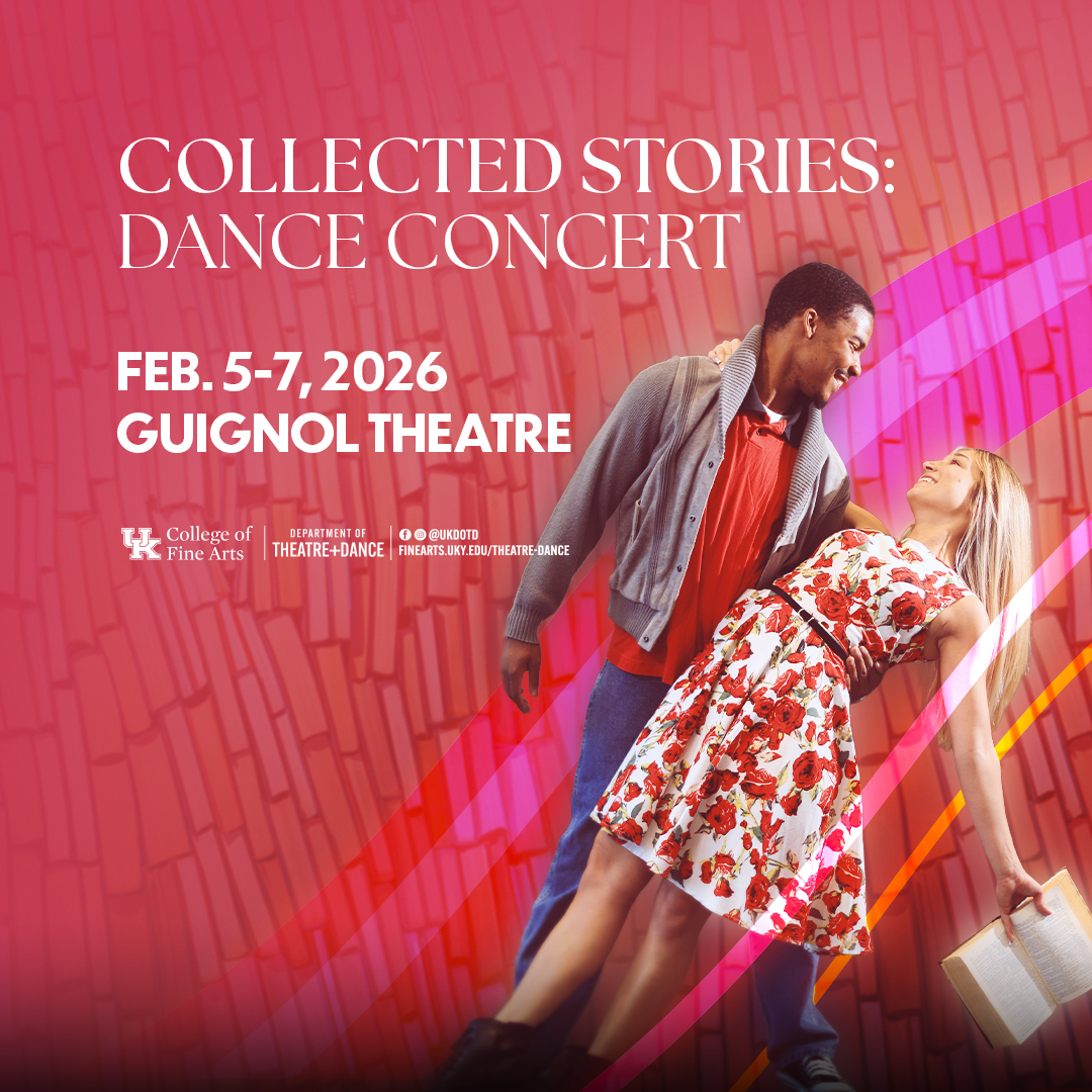 Dark skinned male dancer in jeans, red top and tan jacket "dips" a light skinned female dancer in a floral sun dress against a red textured background and event information text in white