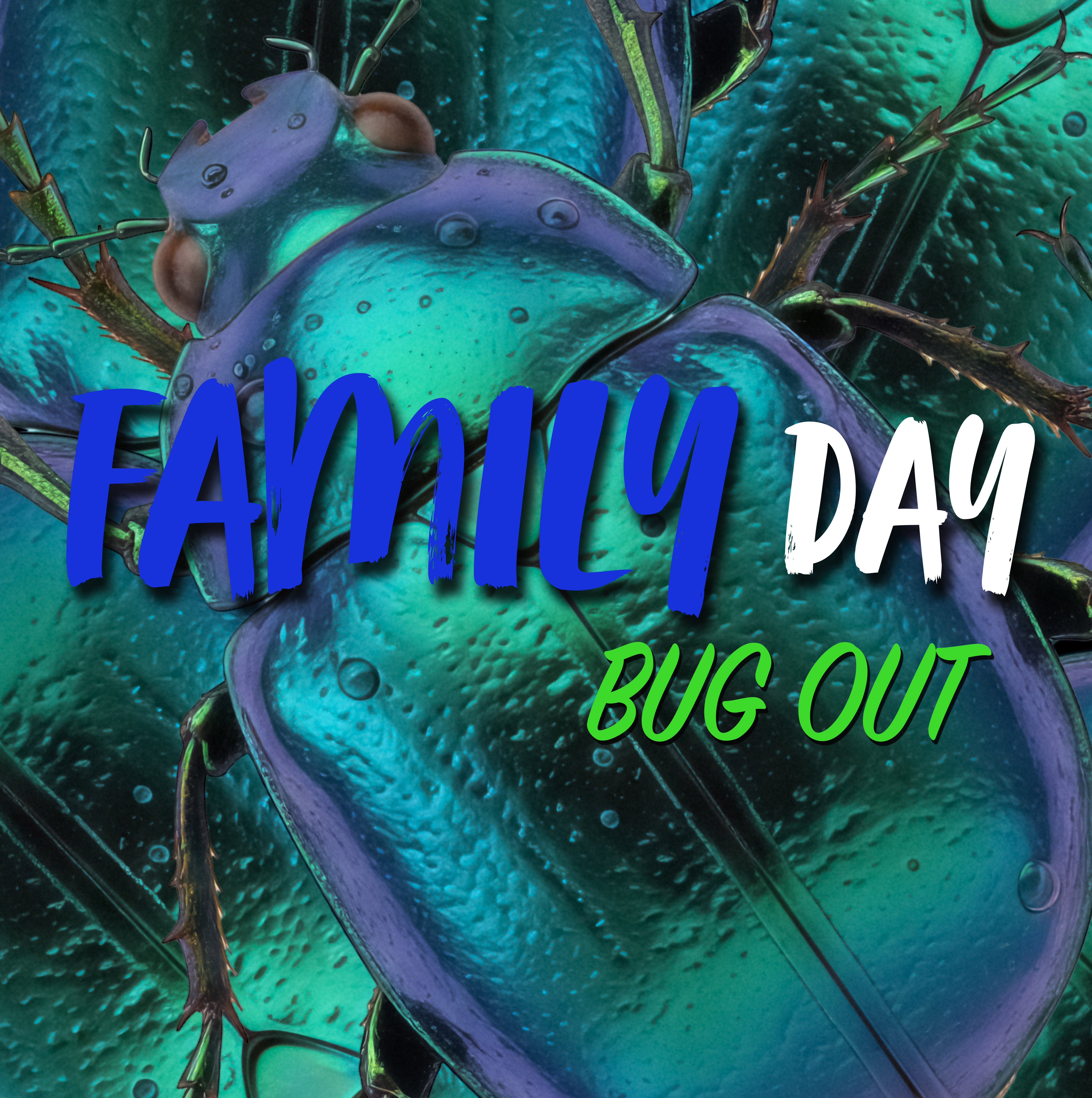 AI image of a beetle with Family Day Bug Out text overlay