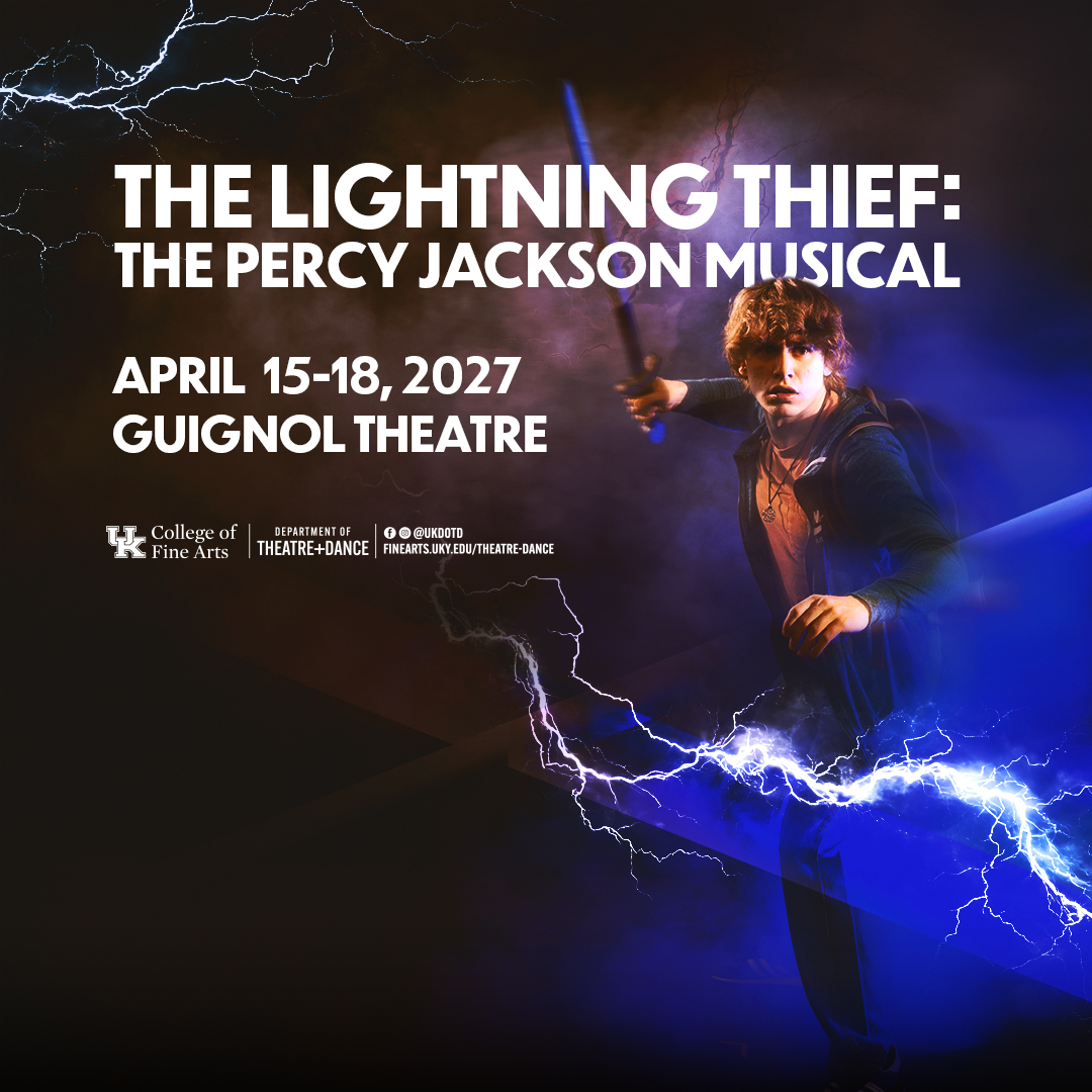 Light skinned male holds a staff facing the camera wearing dark clothing with a lightening bolt overlaid against a dark background with event information in white text