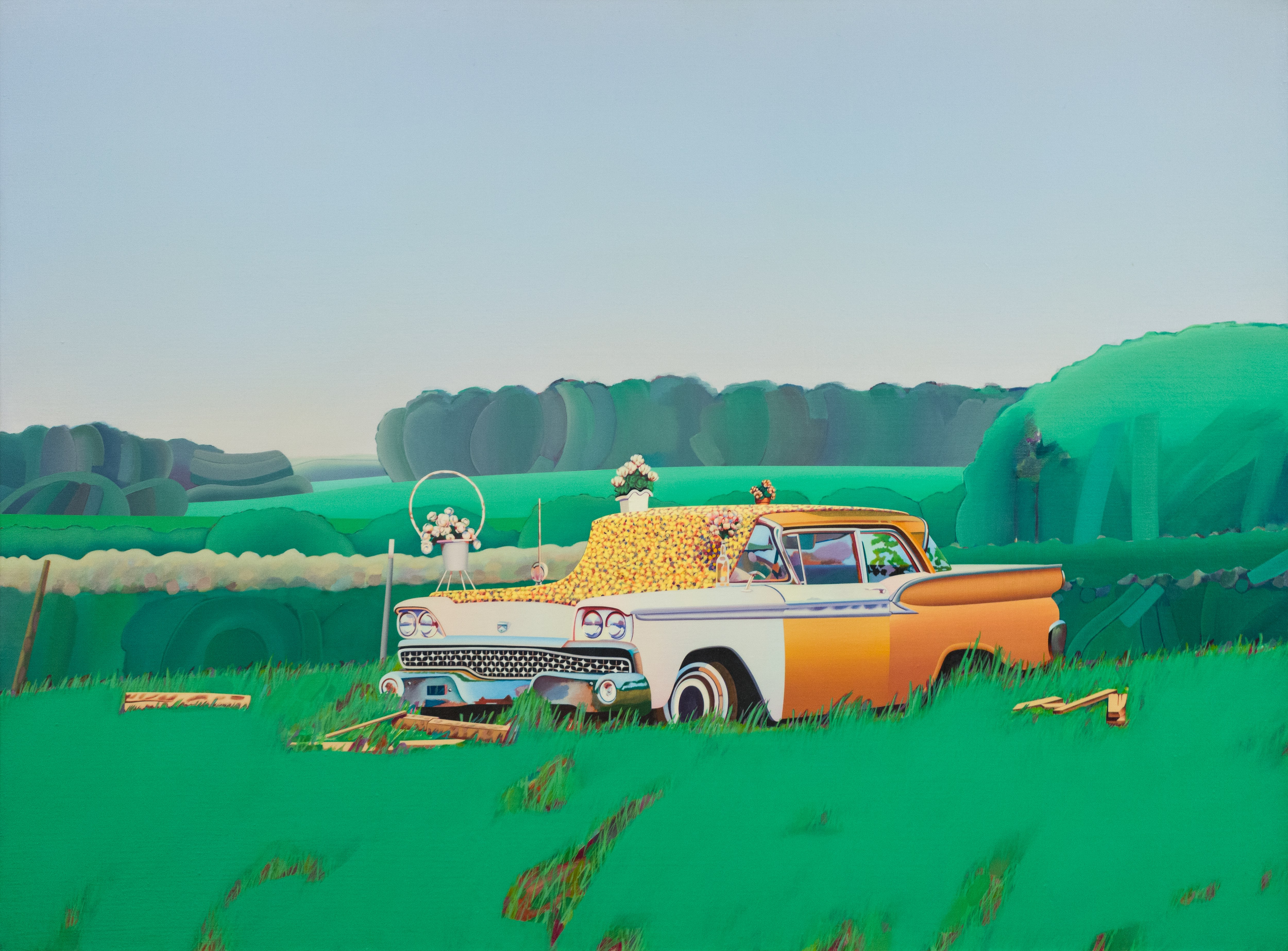 Image of an illustrated bright car in a field of bright green vegetation with yellow flowers on windshield and hood.Marilyn Hamann, Ford Fairlane, 1980, acrylic on canvas. Collection of the UK Art Museum, purchase: National Endowment for the Arts, Patrons of the John Jacob Niles Benefit Concert and Friends of the Art Museum.