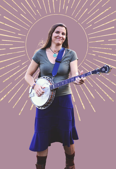 Carla Gover stands smiling with a Banjo, a graphic mauve and gold sunburst behind her.