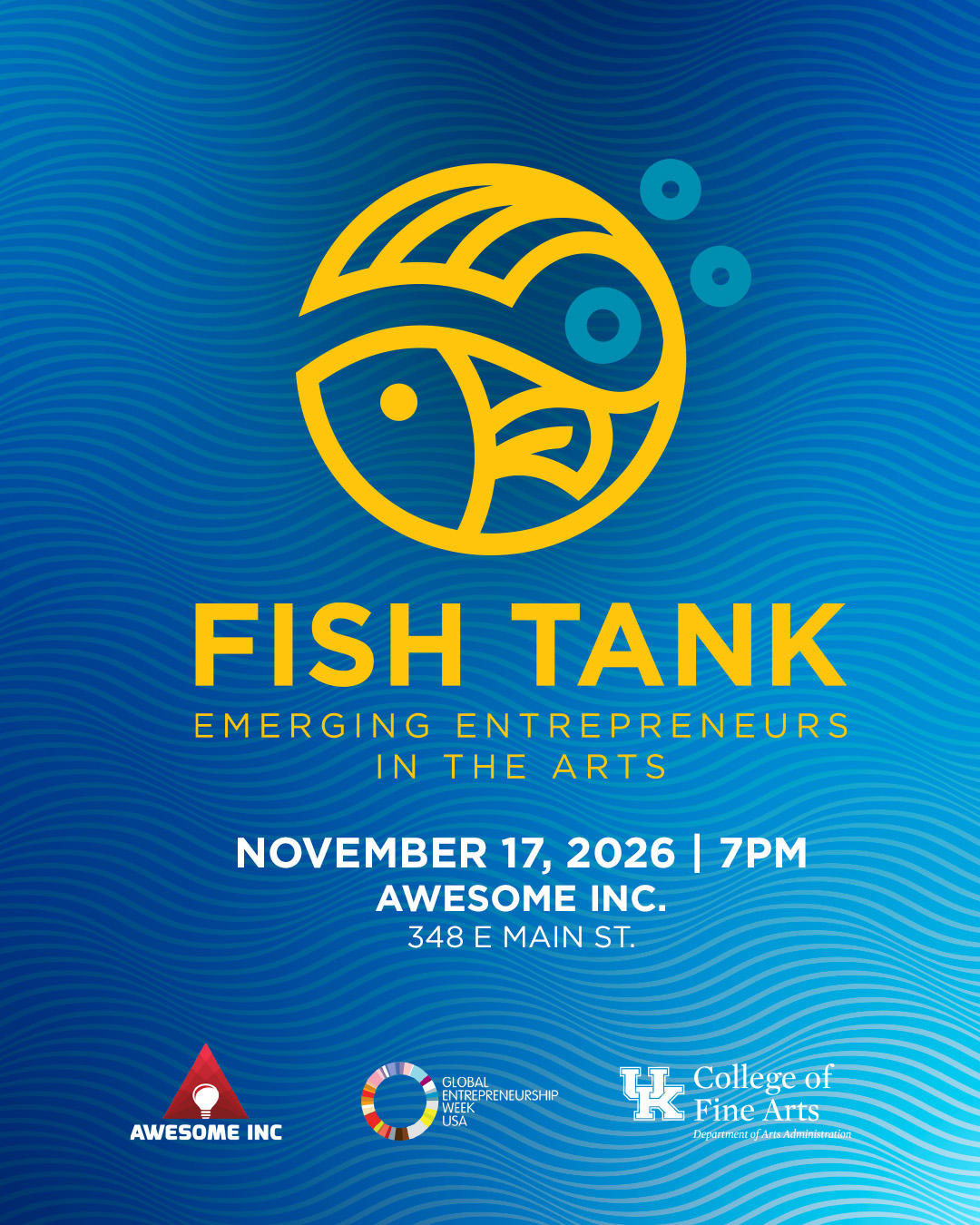 Promotional poster with a wavey blue background and yellow fish tank logo. All details in the image are reproduced in text on the page.