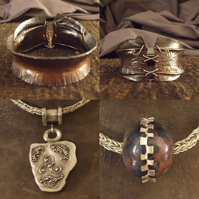 A collage of various finished pieces of jewelry using copper, brass, and other metals.