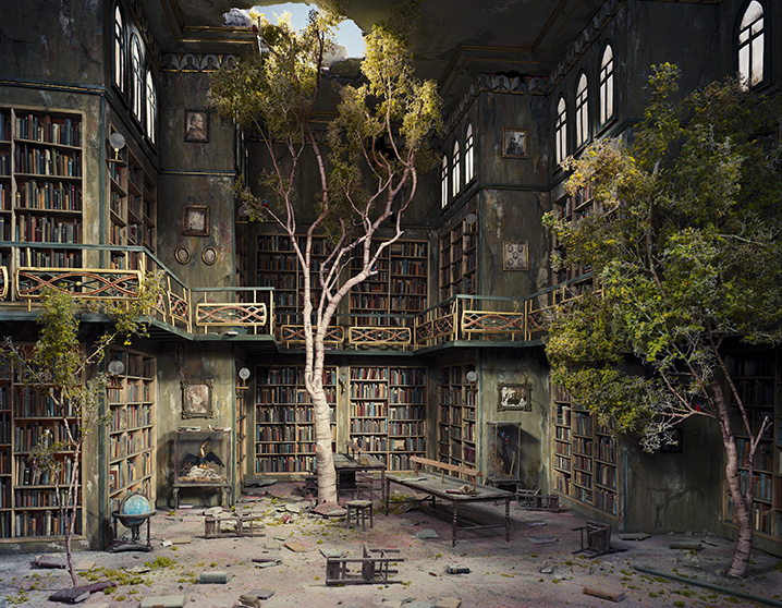 tree in abandoned library