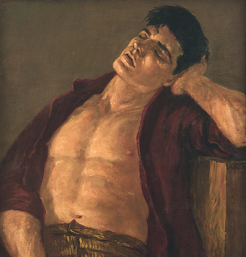 man with closed eyes and open shirt