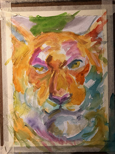 An impressionist brightly colored painted sketch of a tiger.