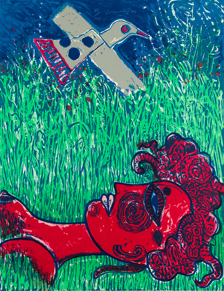 painting of person in grass with bird in sky