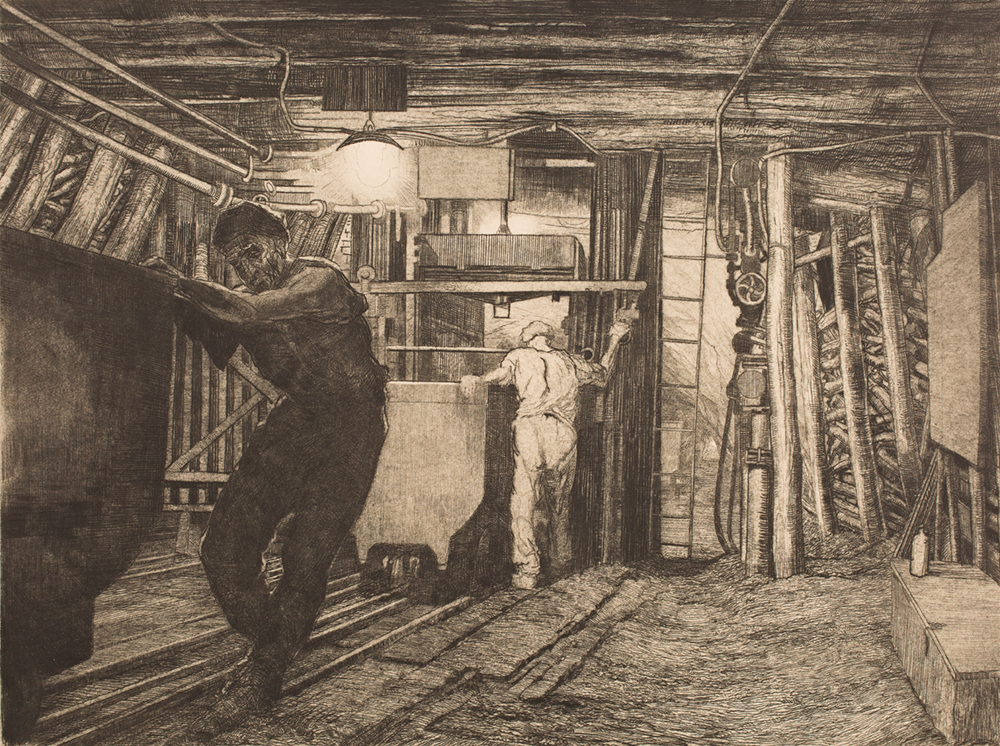 Etching of coal miners working underground.