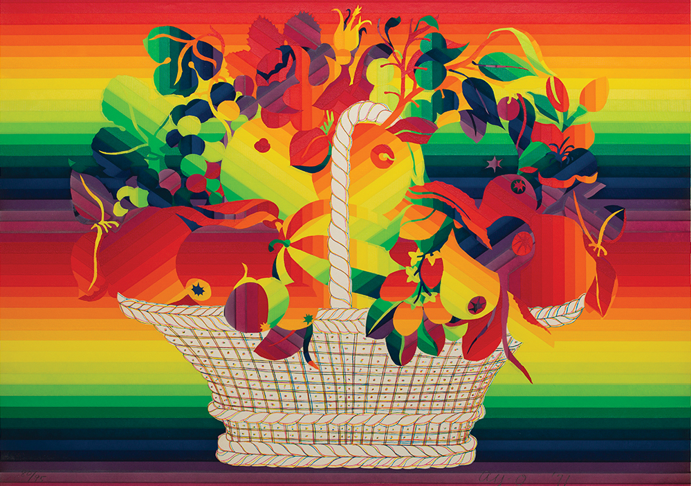 rainbow background with basket of flowers