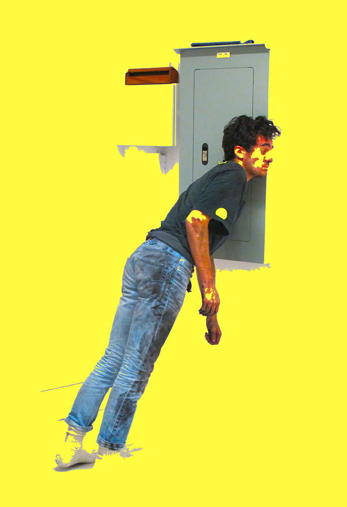 person leaning with yellow background
