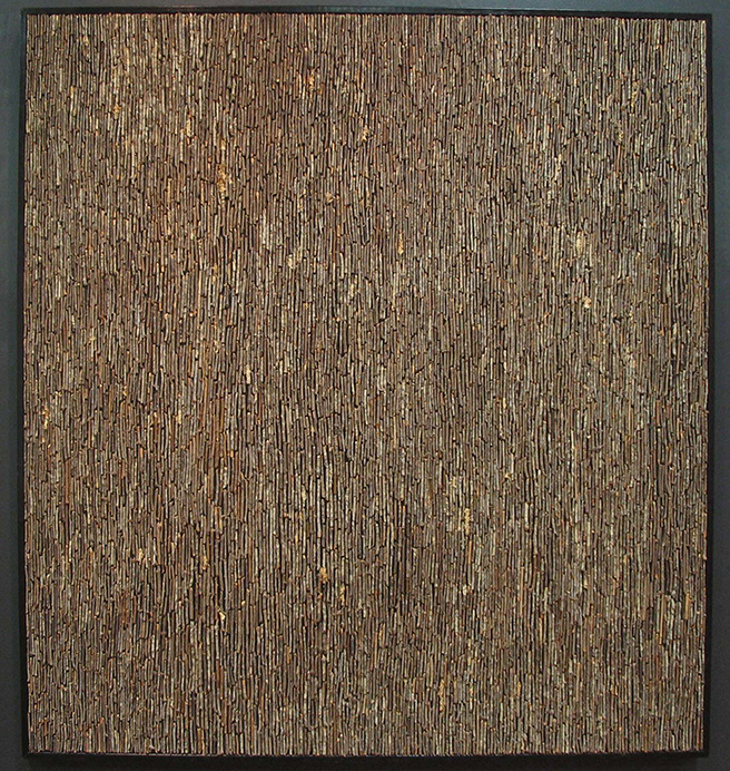 Judith Page, Night Rain, 1981, twigs, acrylic, celluclay, Elmer’s wood glue, and black paint on plywood. 