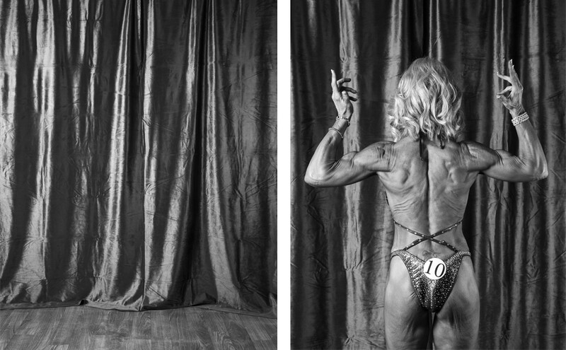 Black and white photo of female body builder from behind