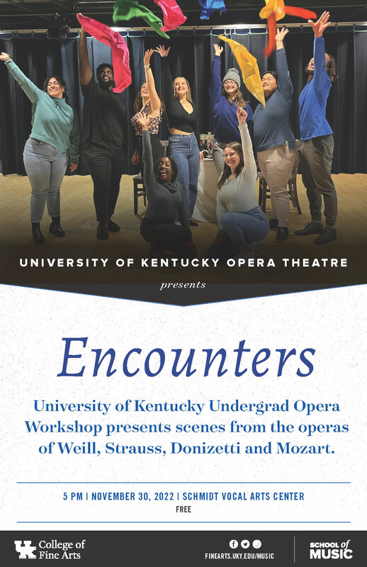 Poster image for Encounters with photo of cast in rehearsal room smiling, and text from event listing.