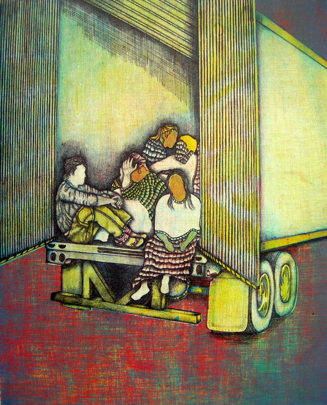 Red and yellow painting of figures in truck