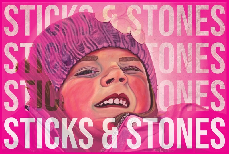 Pink background with illustration of women wearing a hat, text overlay reads Sticks and Stones.