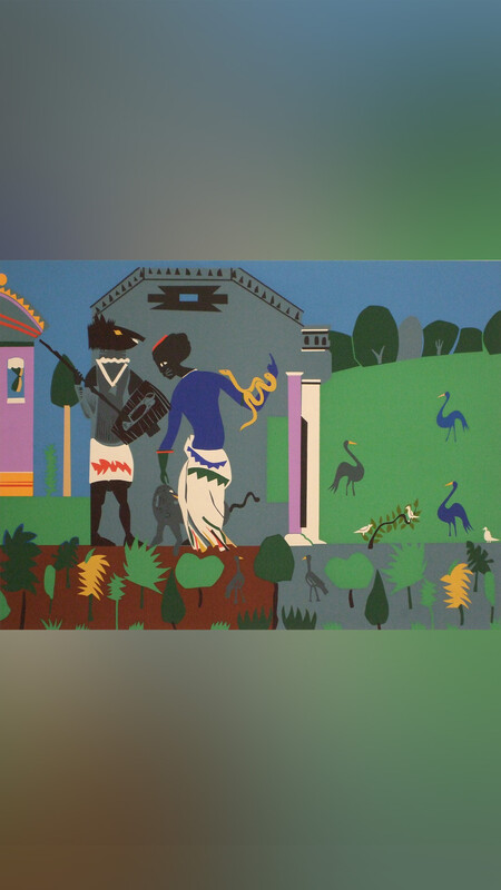 Romare Bearden, Circe Into Swine from the Odysseus Suite, 1979, color screenprint on paper. Collection of the UK Art Museum, anonymous gift.