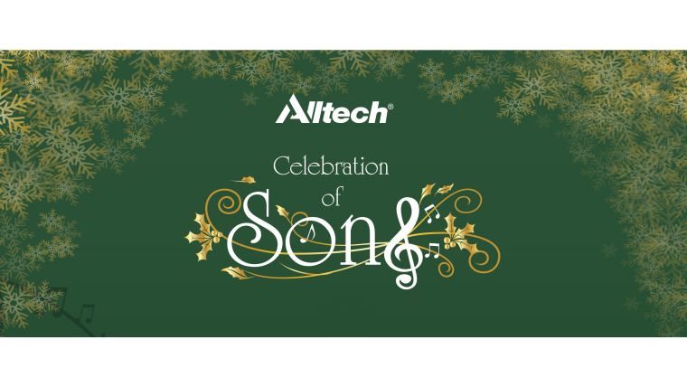 White text reading "Alltech Celebration of Song 2023" against green backdrop with gold snow flakes